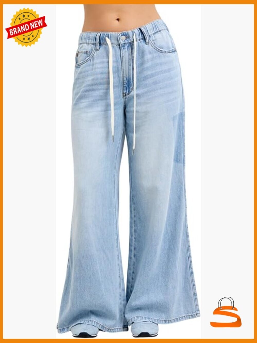 High Waisted Featherweight Palazzo Jeans Elastic Waistband Wide Leg